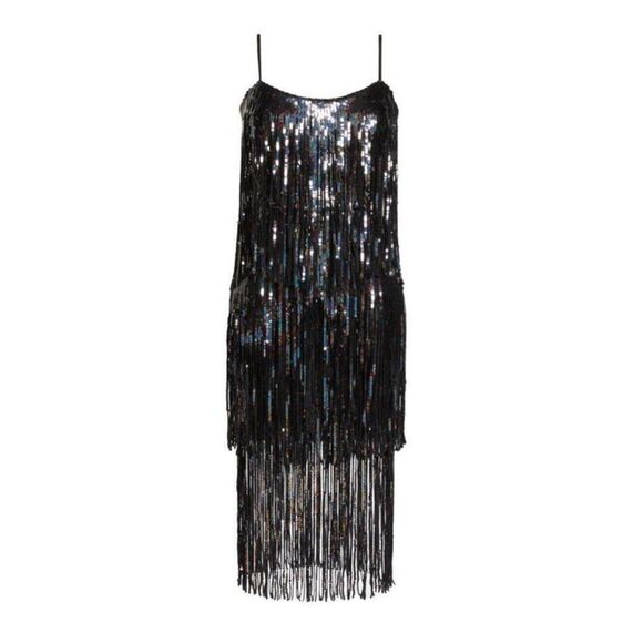 Dress the Population Roxy Tiered Fringe Sequin Dress Holiday Party - Picture 3 of 16